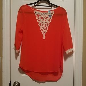 3/4 Sleeve Blouse Red/Orange and Cream